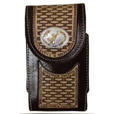Tooled Basket Weave Leather Cell Phone Pouch