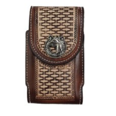 Brown Tooled Leather Basket Weave Cell Phone Pouch