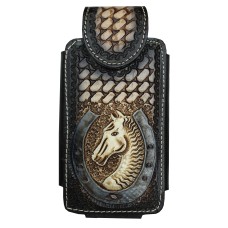 Black XL Cell Phone tooled leather case With Horse Shoe Framed Horse Head