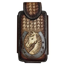 XL Cell  Phone tooled leather case With Horse Shoe Framed Horse Head