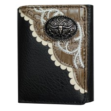 Three Fold Black Wallet with Longhorn Concho